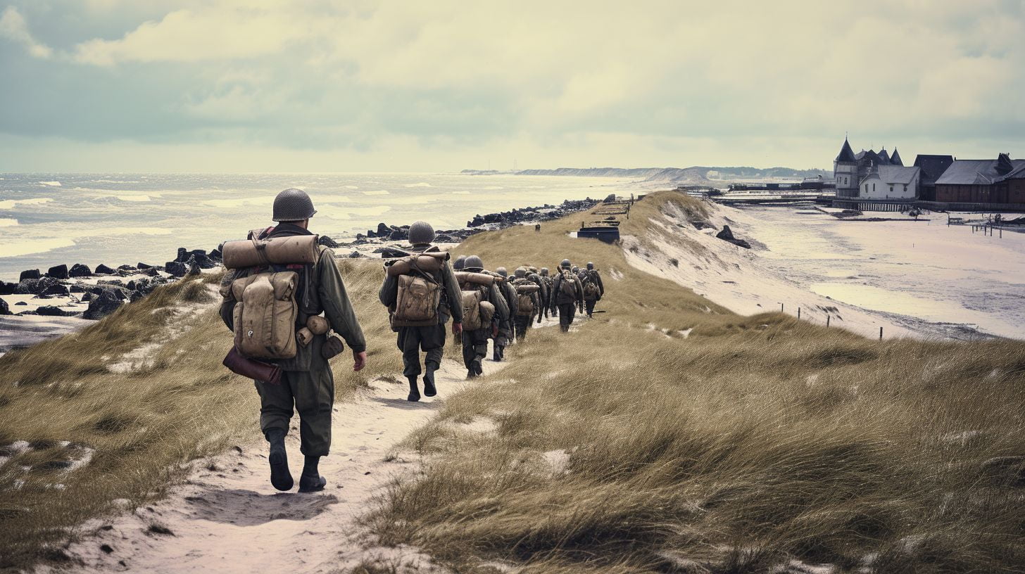 Soldiers in period uniforms walk along historic Utah Beach with bunkers.