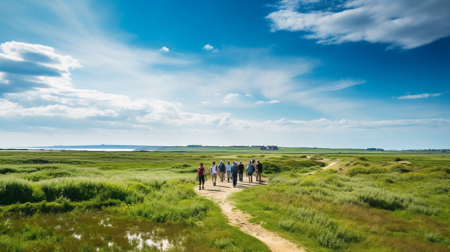 A group of tourists walking along Utah Beach with a knowledgeable guide.