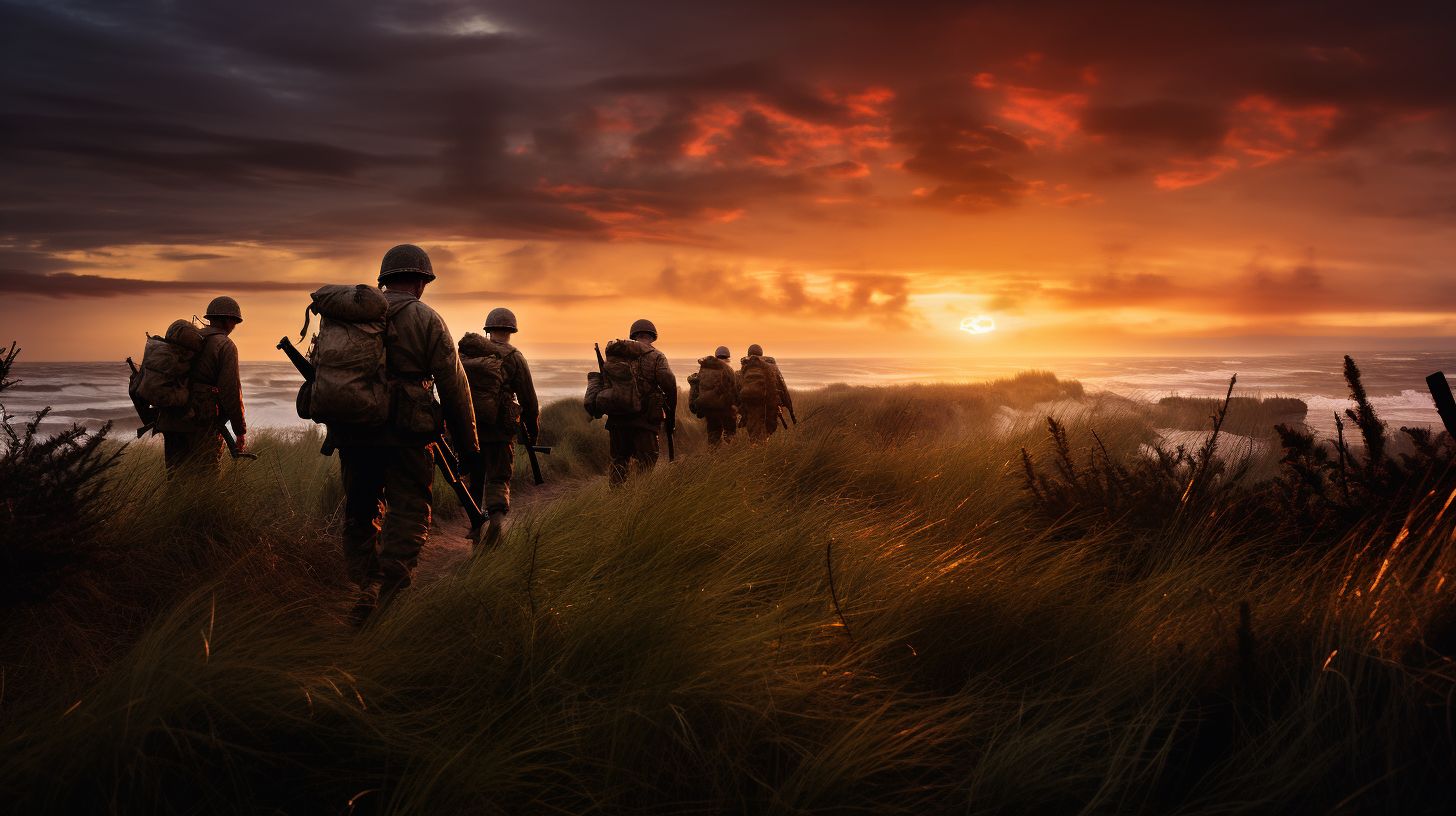 American soldiers patrol Utah Beach at sunset in wide-angle landscape photograph.