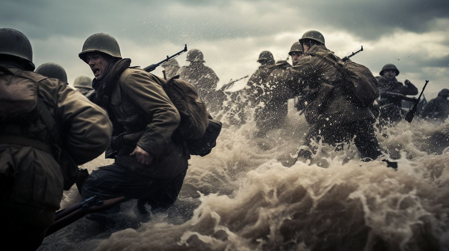Soldiers storm Utah Beach with powerful waves crashing in the background.