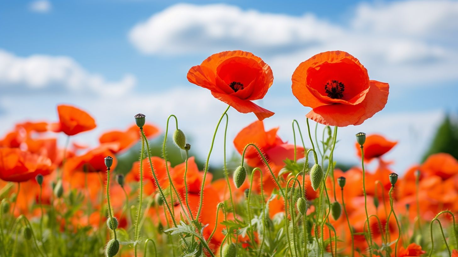A field of poppies swaying near historic D-Day battlefields.