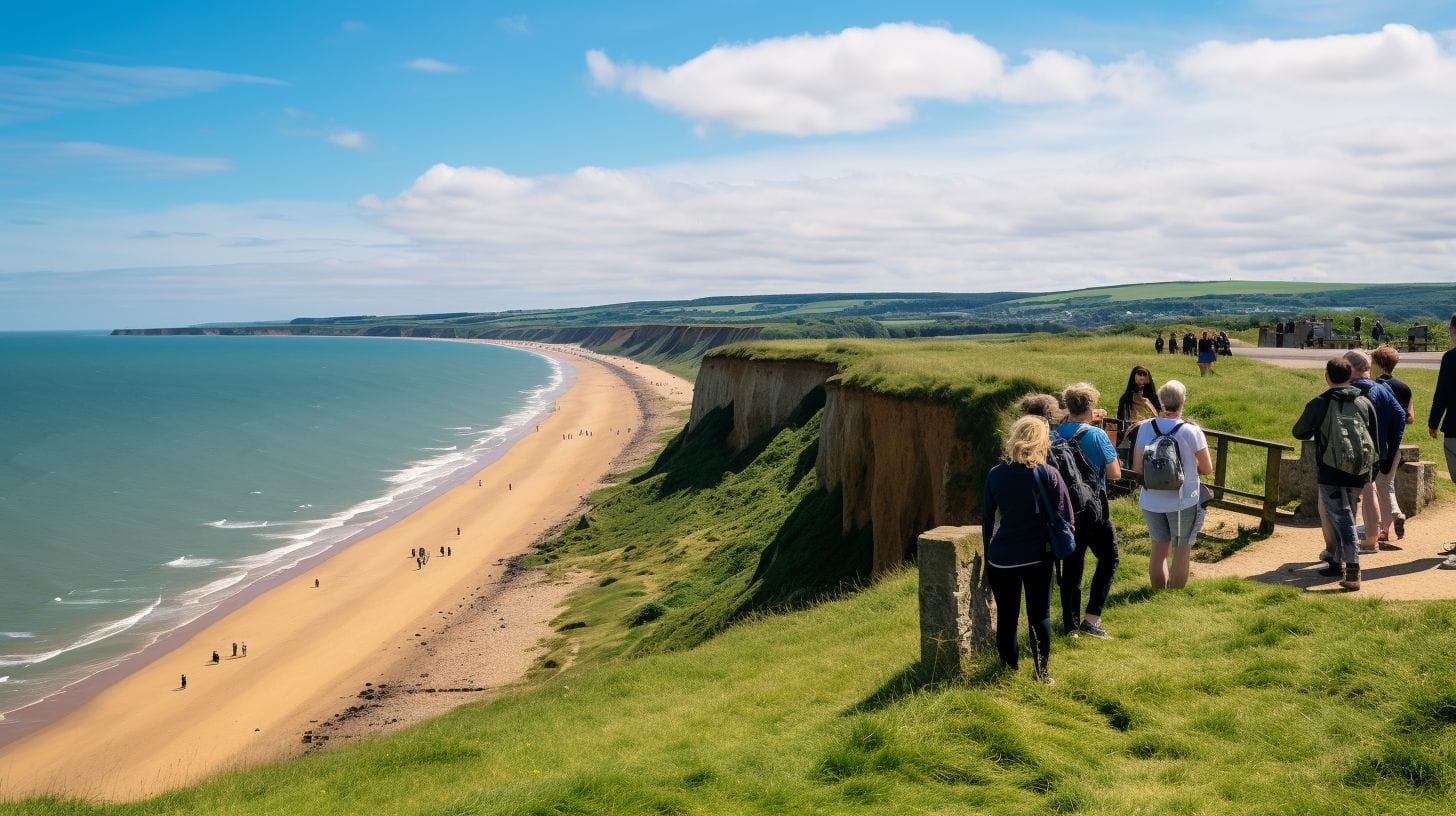 A group of tourists at the edge of Omaha Beach.