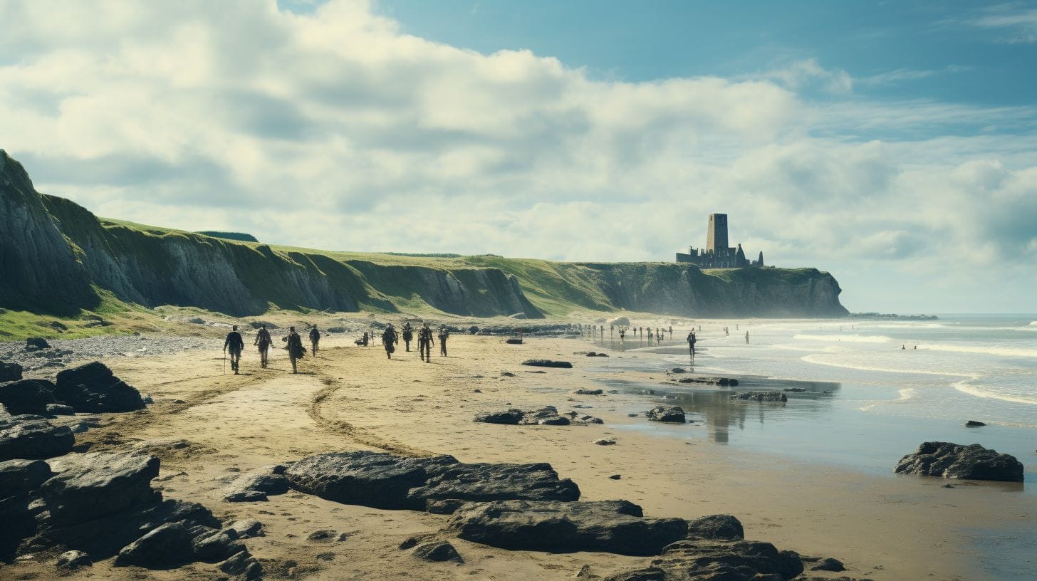 Tourists capturing the D-Day beaches with wide-angle photography.