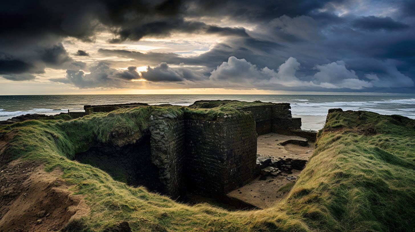 The image shows the haunting remnants of German fortifications at Omaha Beach.