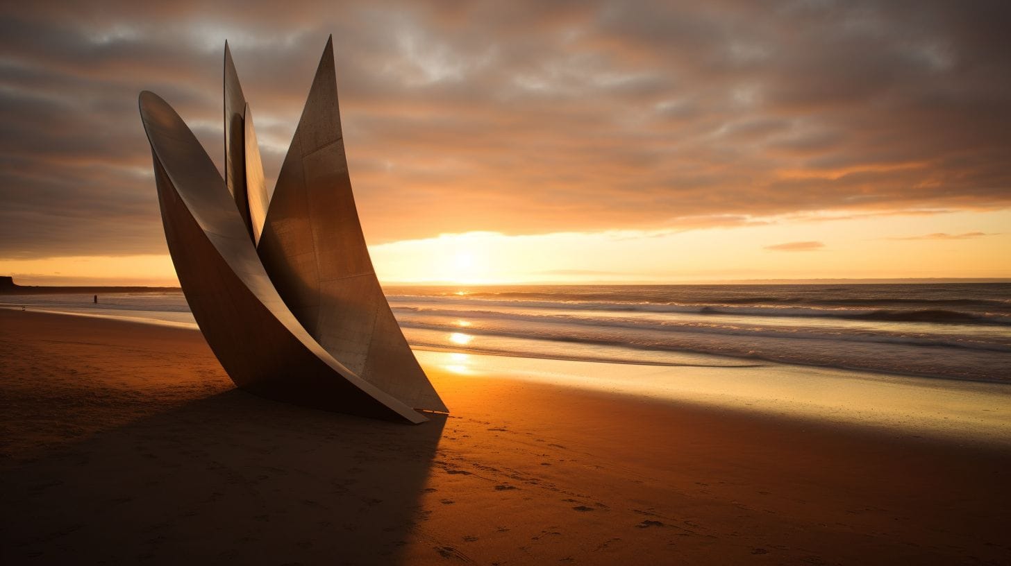 A serene and historic scene of Omaha Beach at sunset.