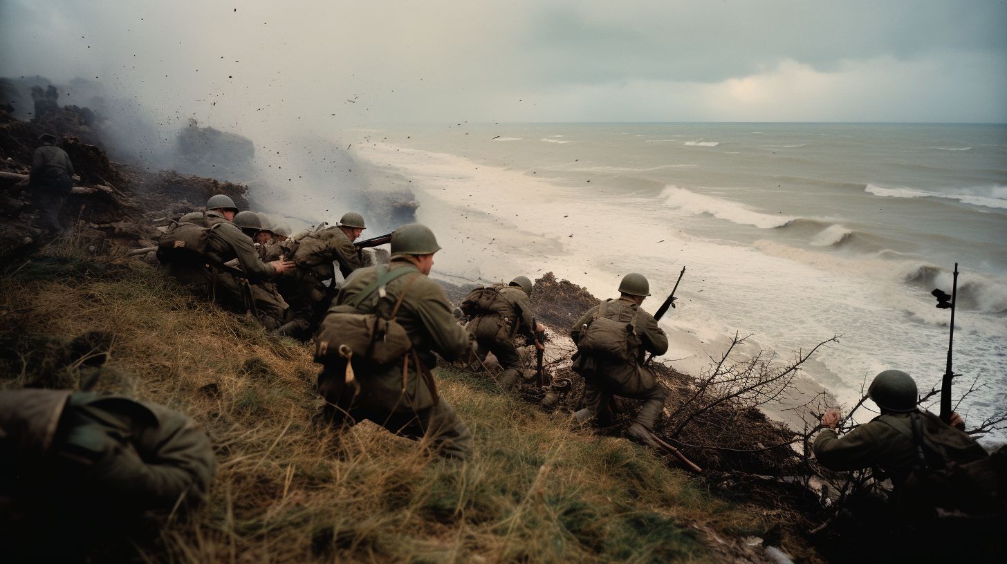 American soldiers storm Omaha Beach to capture German bunkers.
