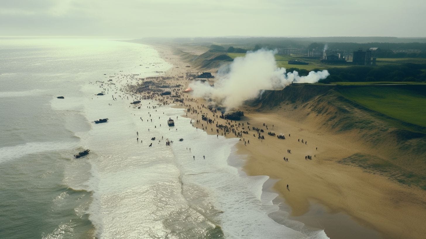 Aerial reenactment of Allied forces storming beach on D-Day.