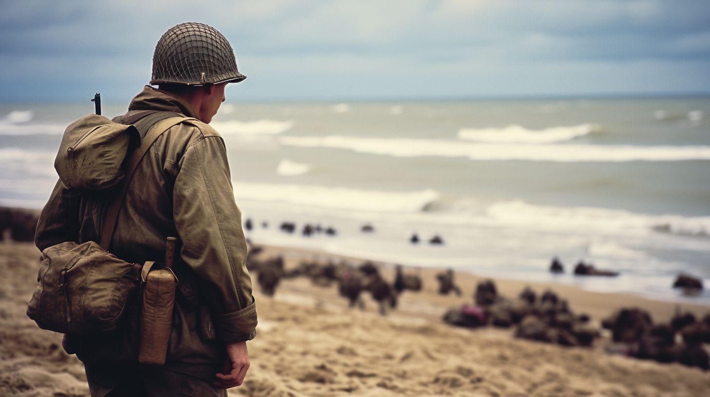 A soldier pays tribute at Omaha Beach, surrounded by historic battleground.