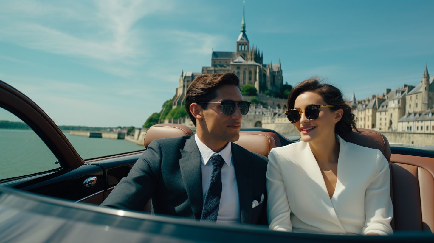 An elegant couple explores historic landmarks in Normandy in a chauffeured car.