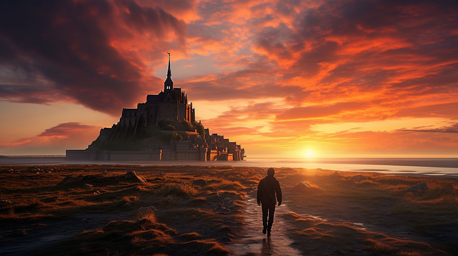 'Tall ruins of Mont Saint-Michel against a striking sunset.'
