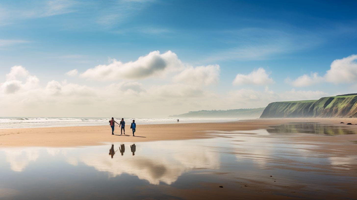 A group of tourists walks along the serene shoreline of Omaha Beach.