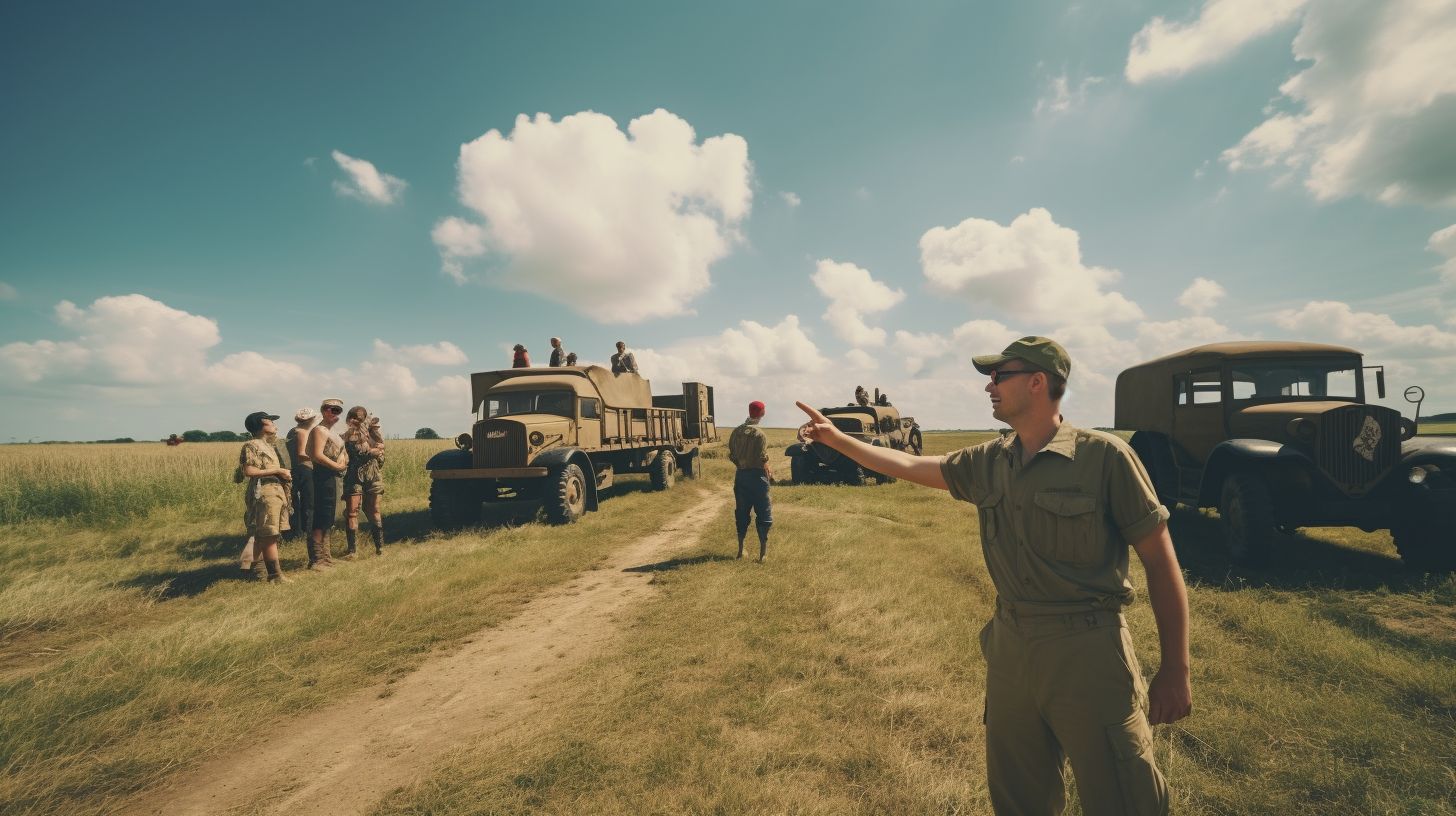 A WWII tour guide leads visitors through a historic battlefield.