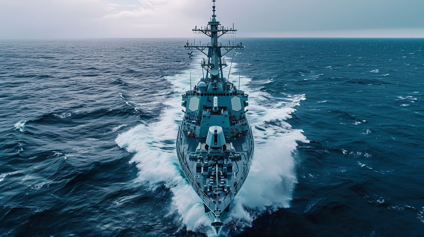 A Canadian warship sails through choppy waters in aerial drone photography.