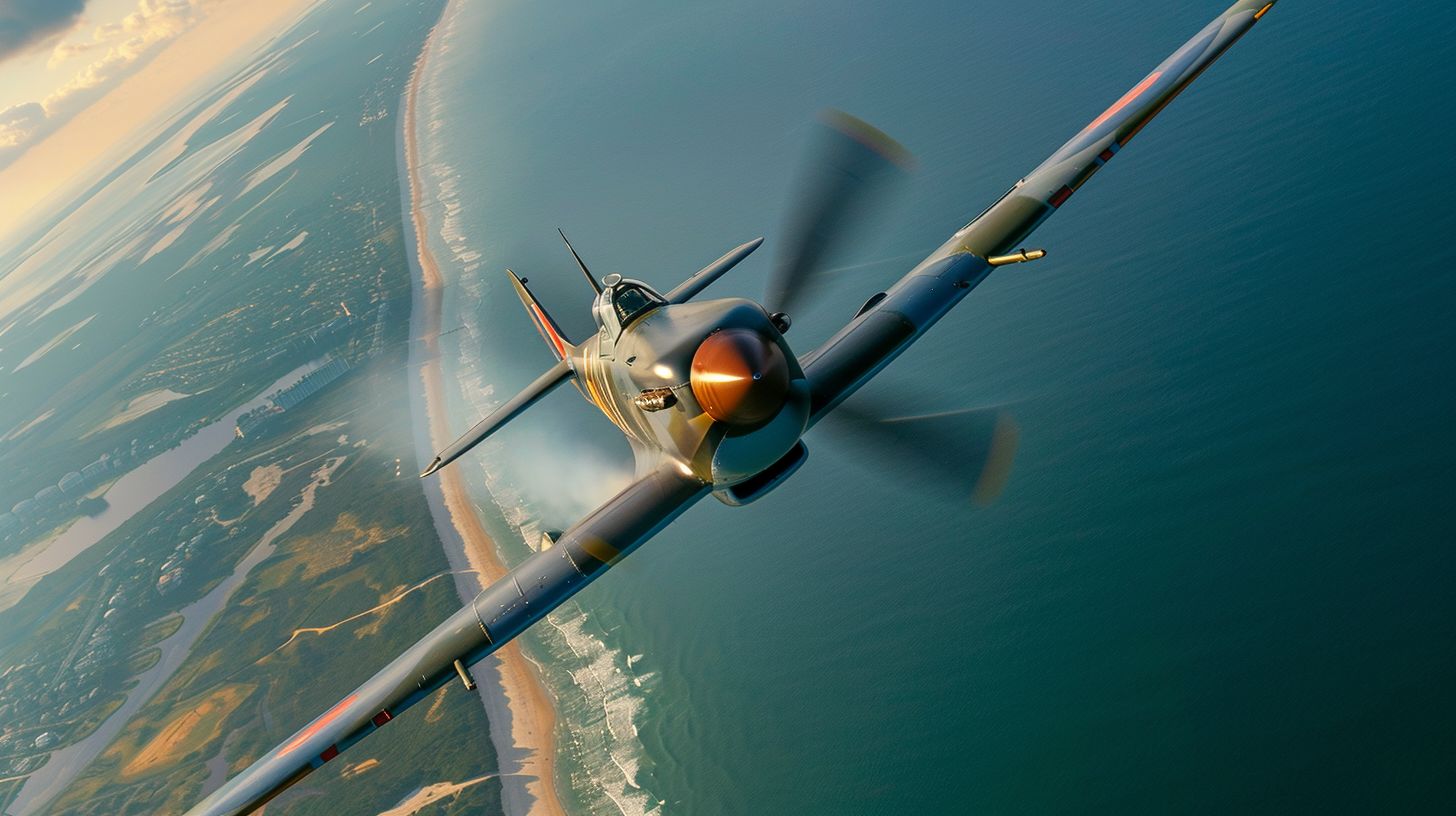 A vintage fighter plane capturing aerial photography over Juno Beach.