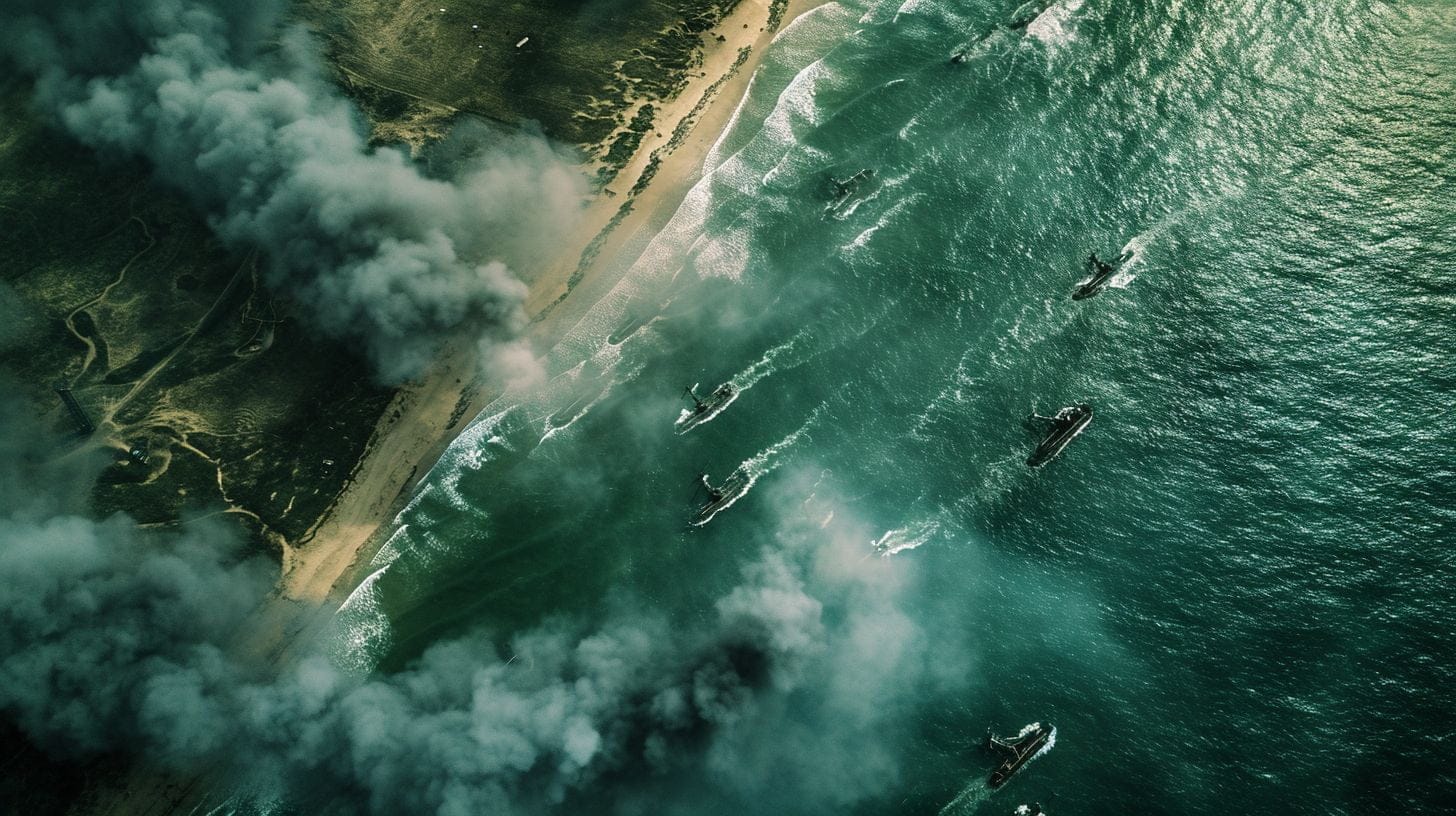 Canadian navy vessels and soldiers storming Juno Beach in aerial photographs.