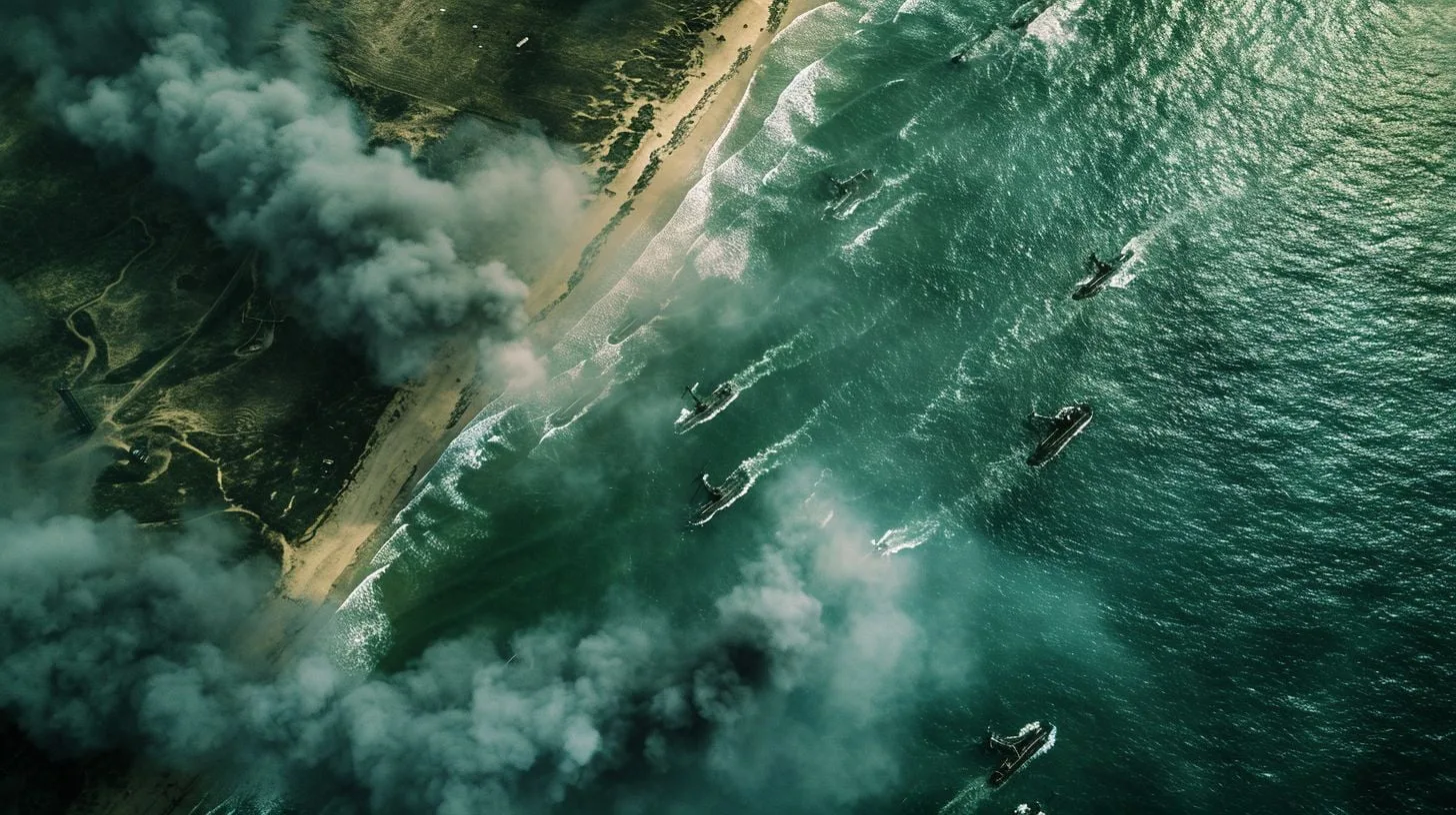 Canadian Navy Vessels And Soldiers Storming Juno Beach In Aerial Photographs. Canadian navy vessels and soldiers storming Juno Beach in aerial photographs.