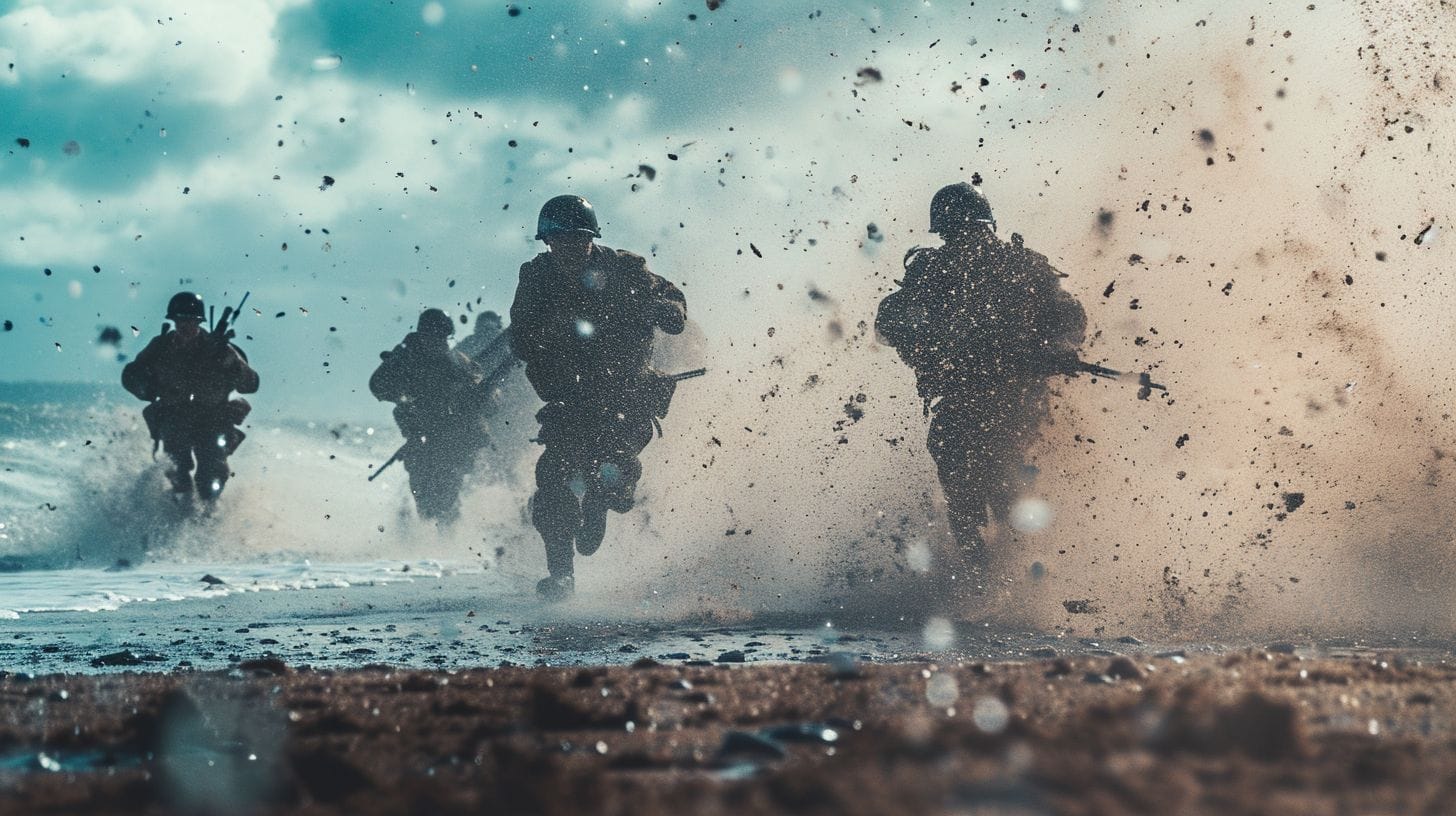 Canadian soldiers storm Juno Beach under heavy fire.