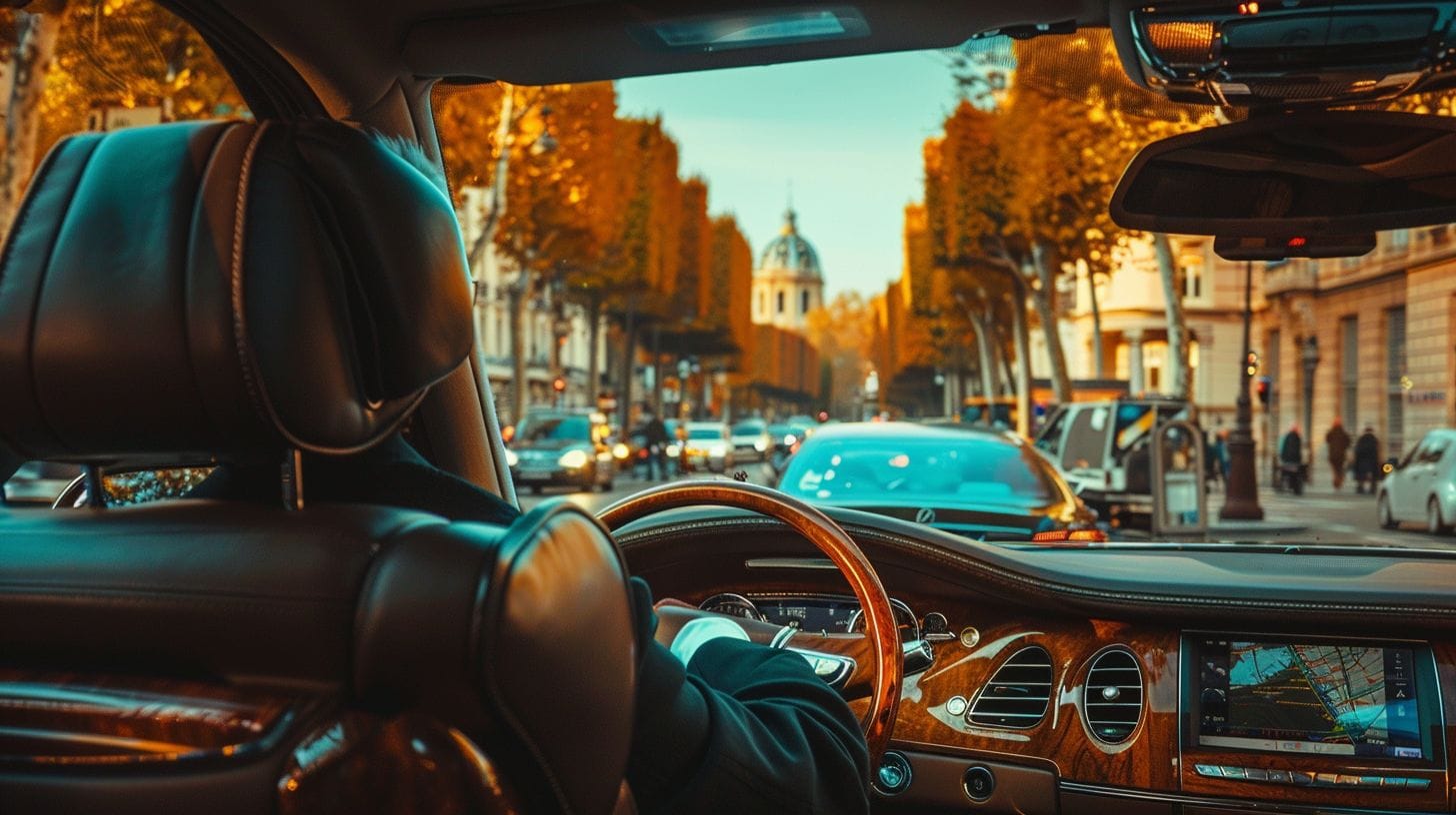 A luxurious black car with a chauffeur driving to Disneyland Paris.