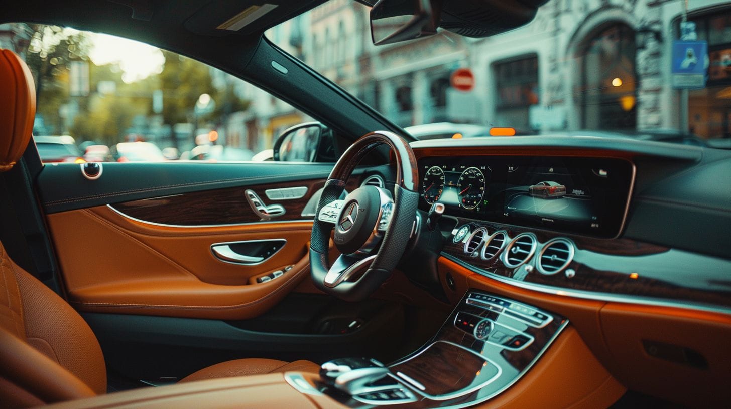 An empty luxury car interior with free Wi-Fi and drinks.