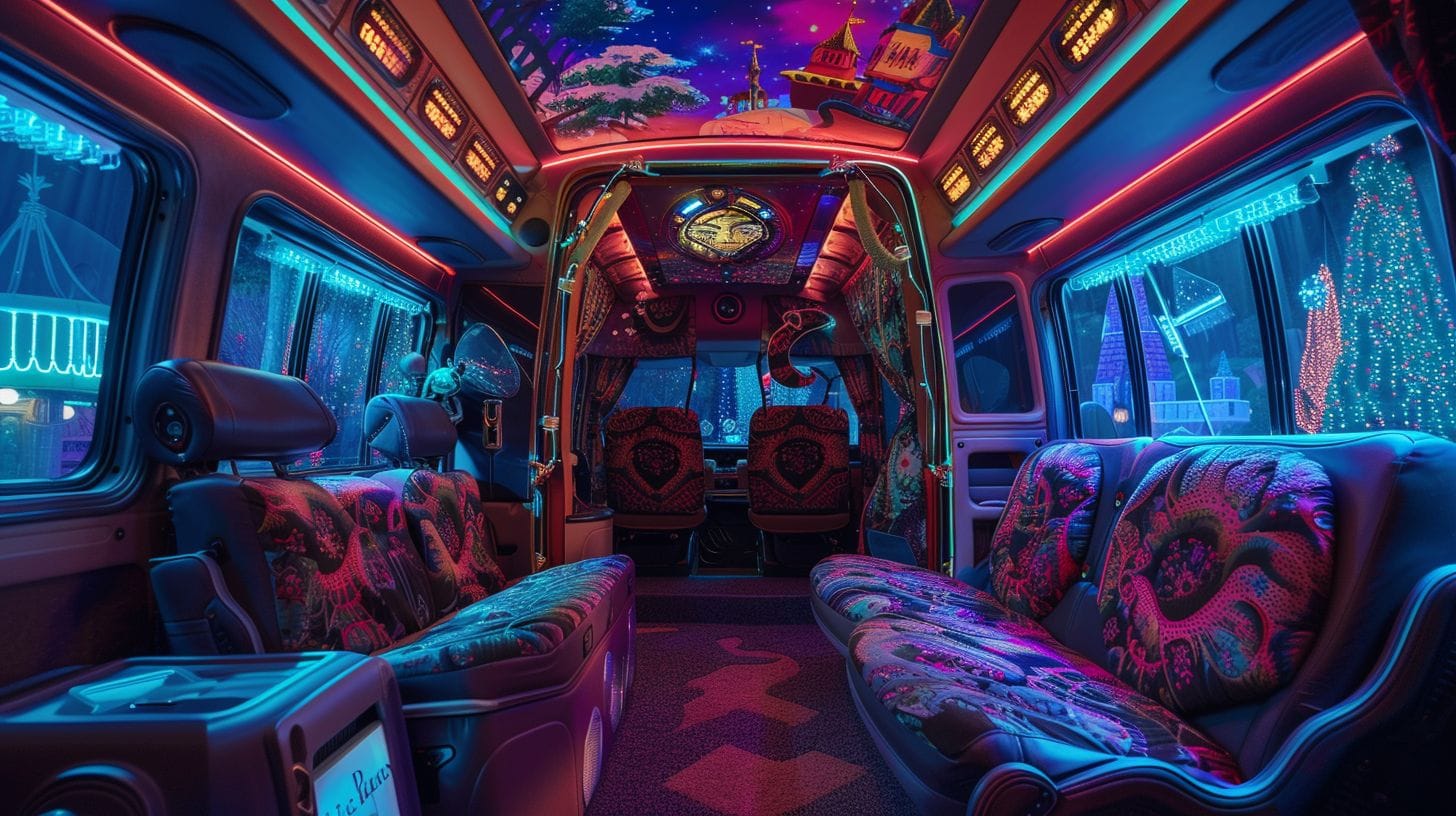 A Disneyland themed shuttle van with a cozy interior.