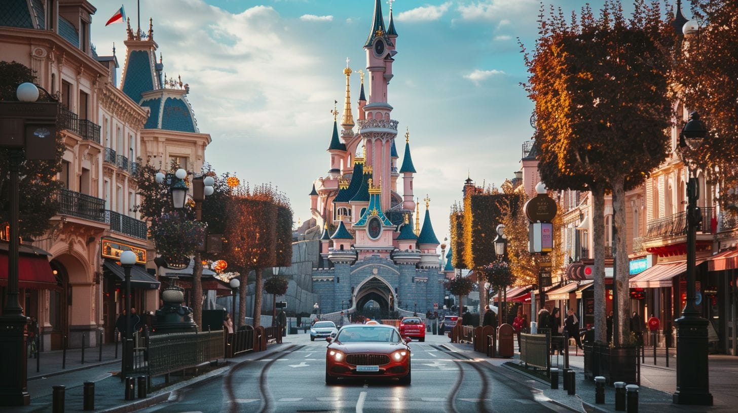 A private car driving through Paris streets towards Disneyland Paris.
