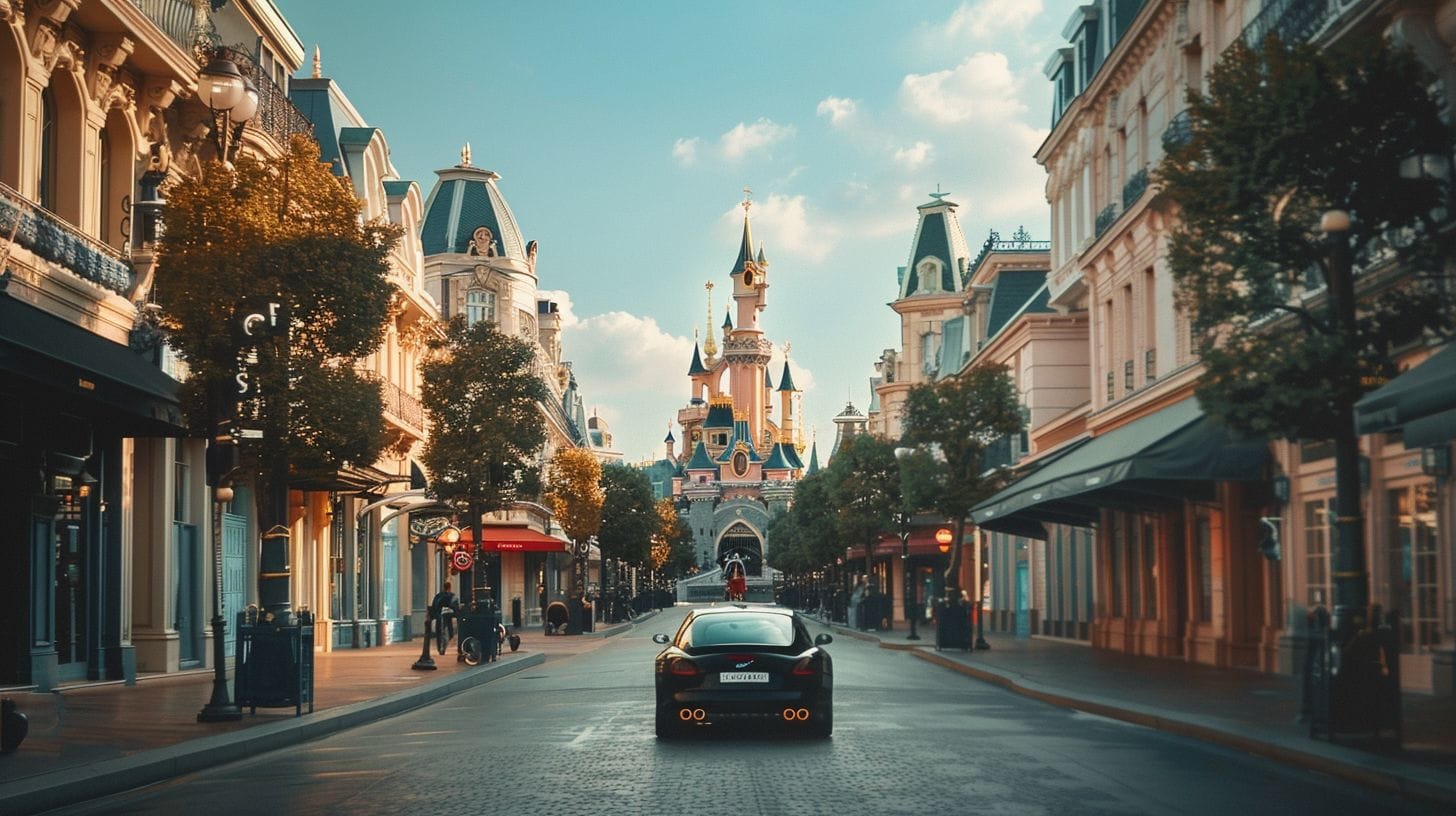 A private car driving through Paris streets towards Disneyland Paris.