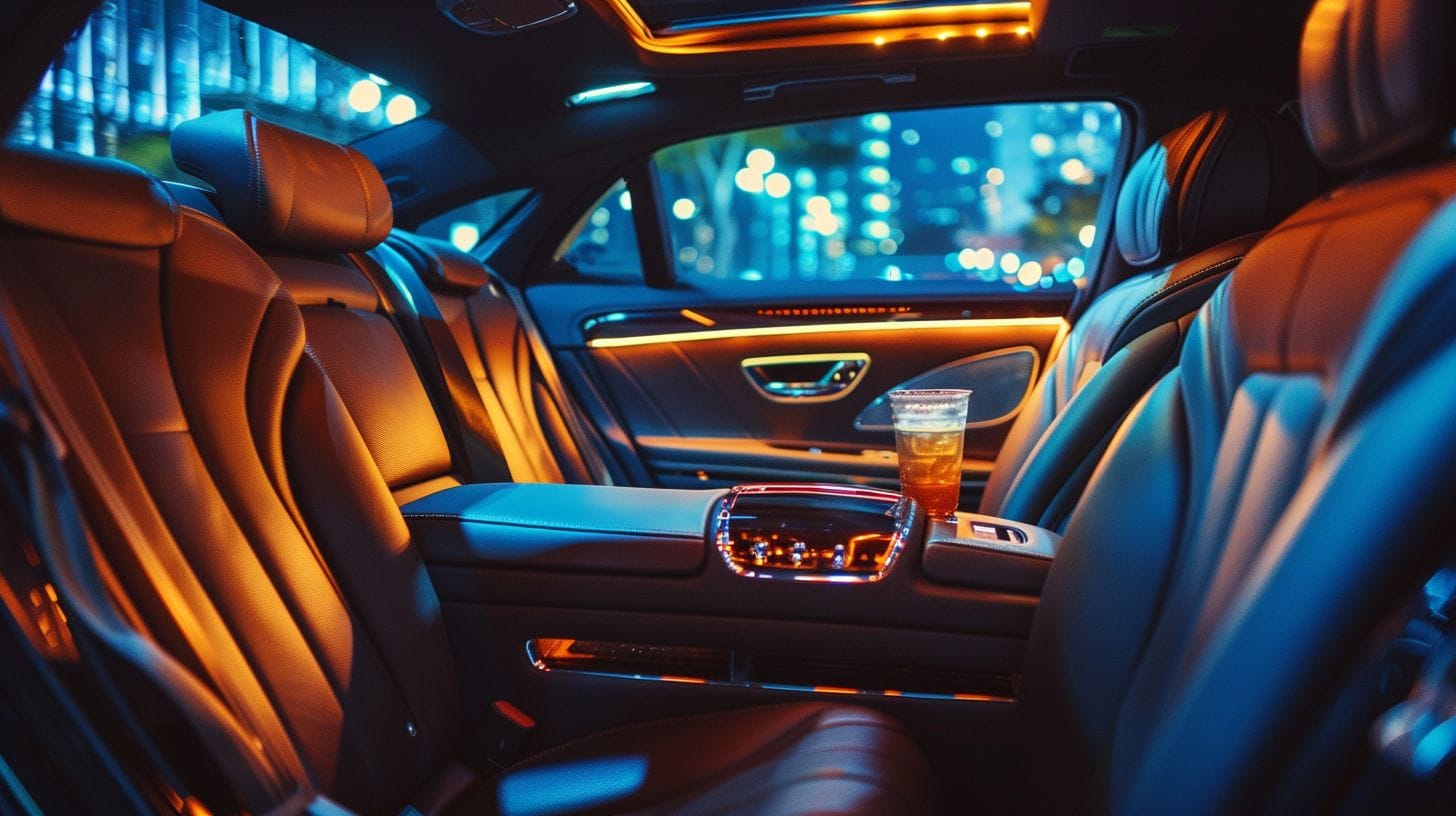 An empty luxury car interior with free Wi-Fi and drinks.