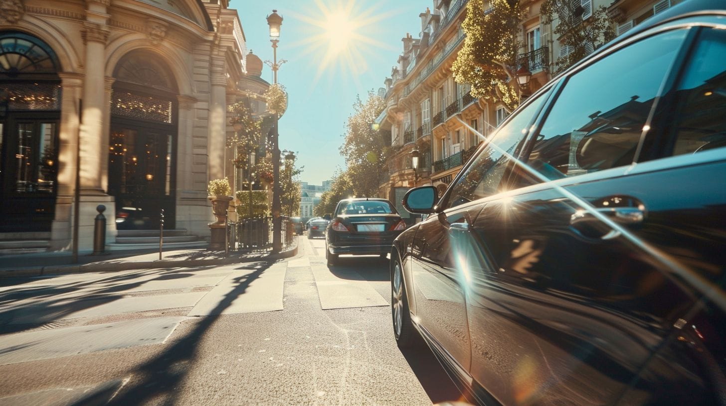 A luxurious black car with a chauffeur driving to Disneyland Paris.
