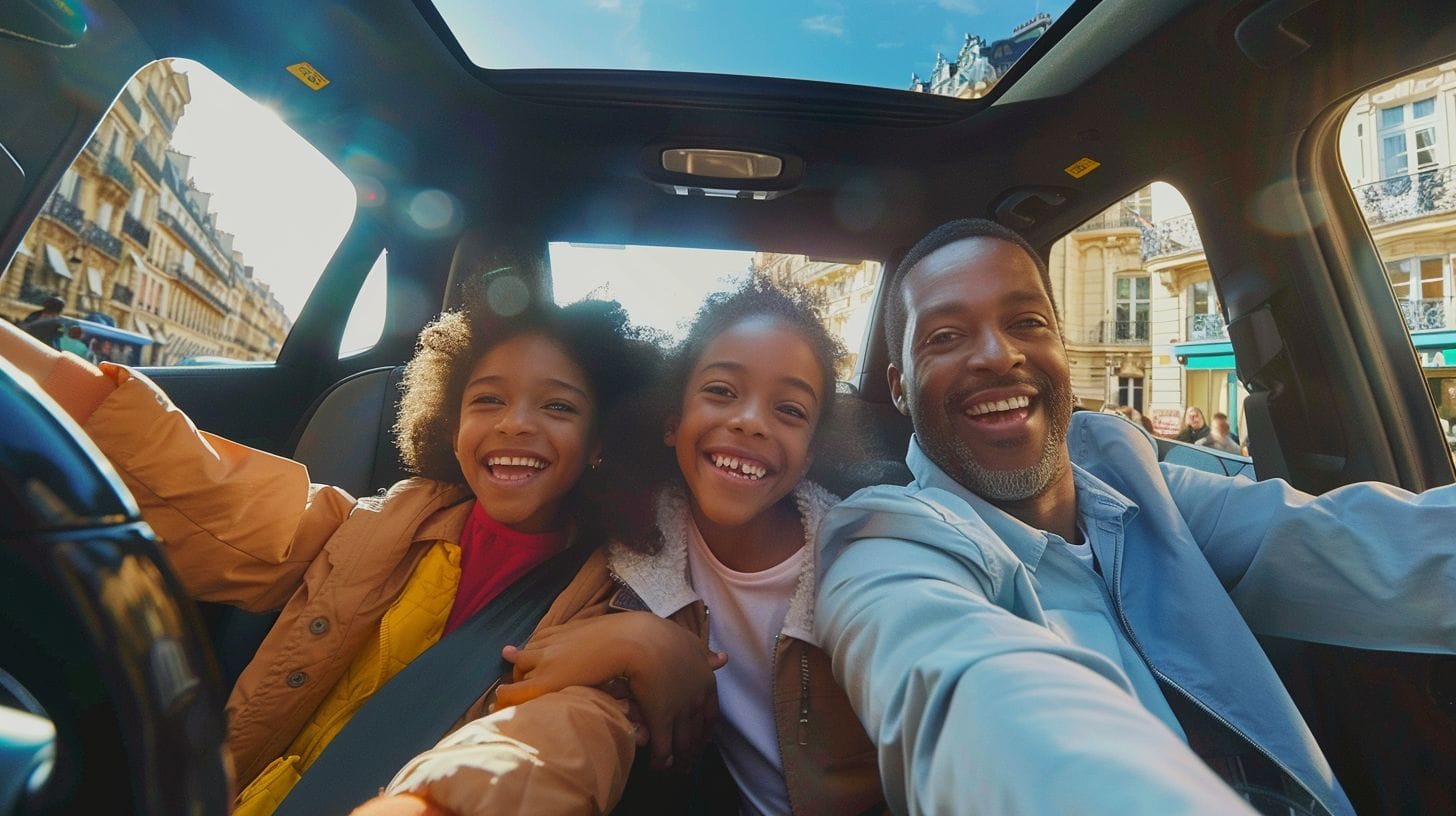 A happy family enjoys a comfortable ride from CDG Airport to Disneyland Paris.