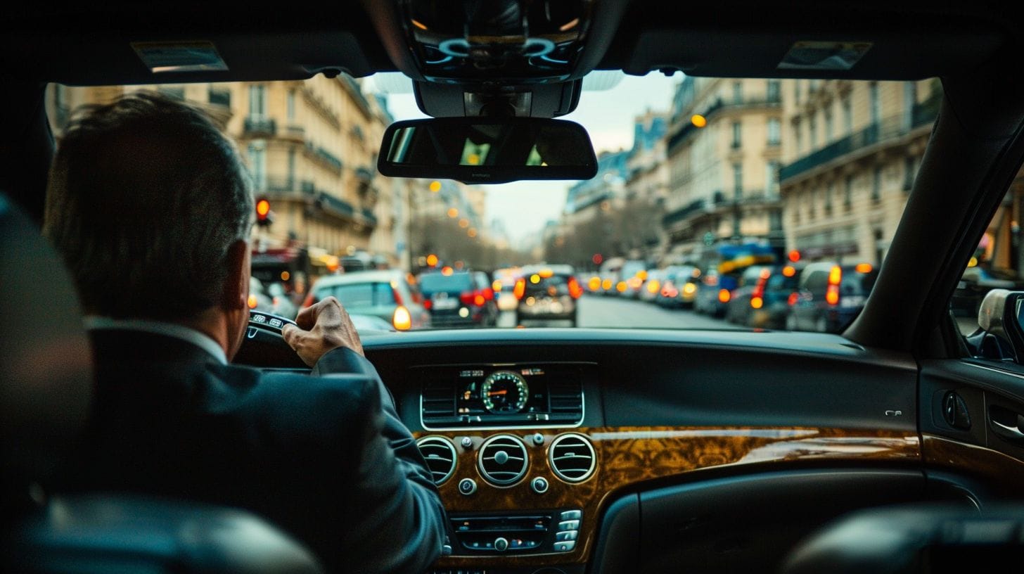 A luxurious black car with a chauffeur driving to Disneyland Paris.