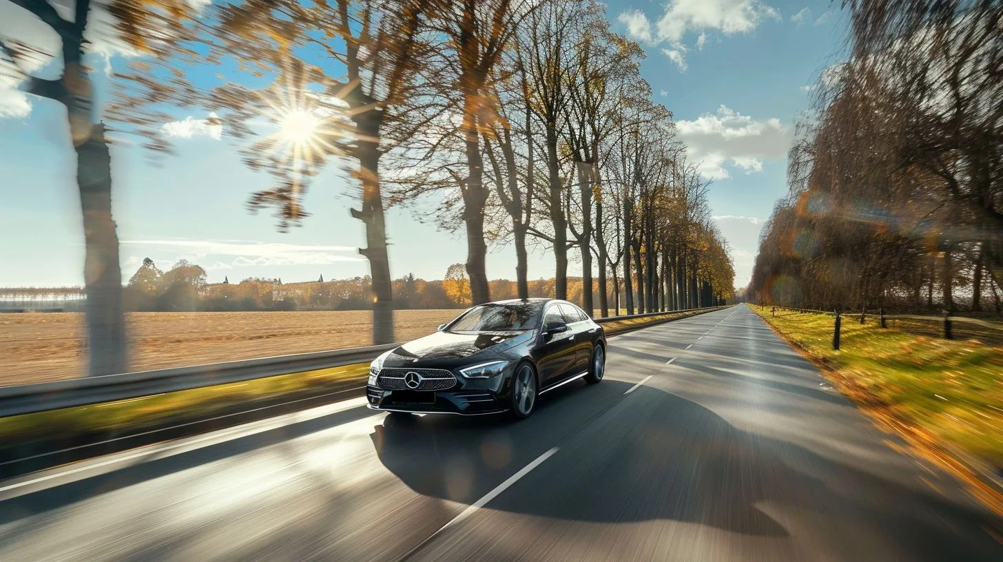 A Mercedes Business Edition Taxi Car To Nice Driving Through The Scenic French Countryside. A Mercedes Business Edition taxi car to Nice driving through the scenic French countryside.