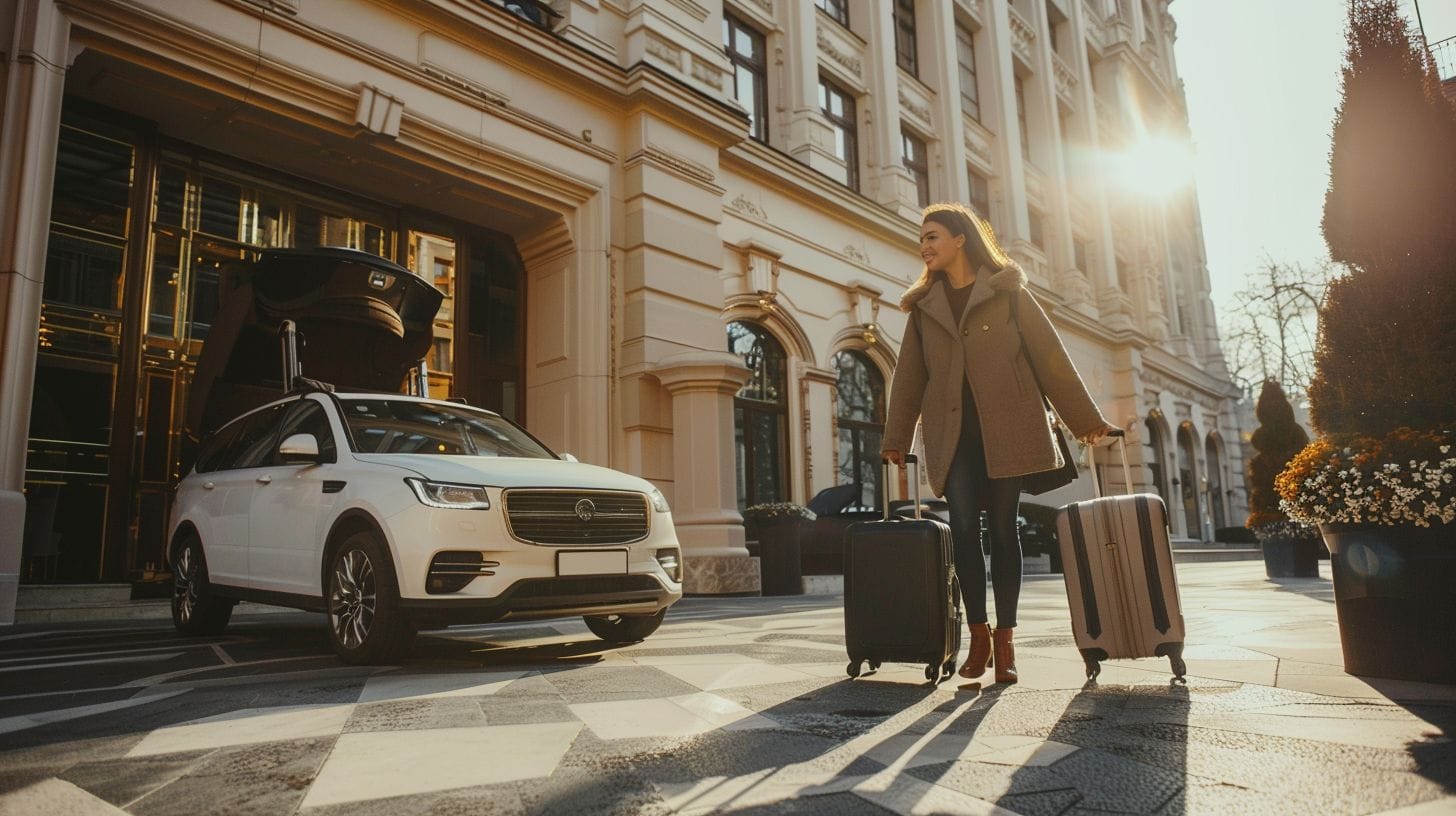 A chauffeur helping a traveler to Nice with luggage outside a luxury hotel.