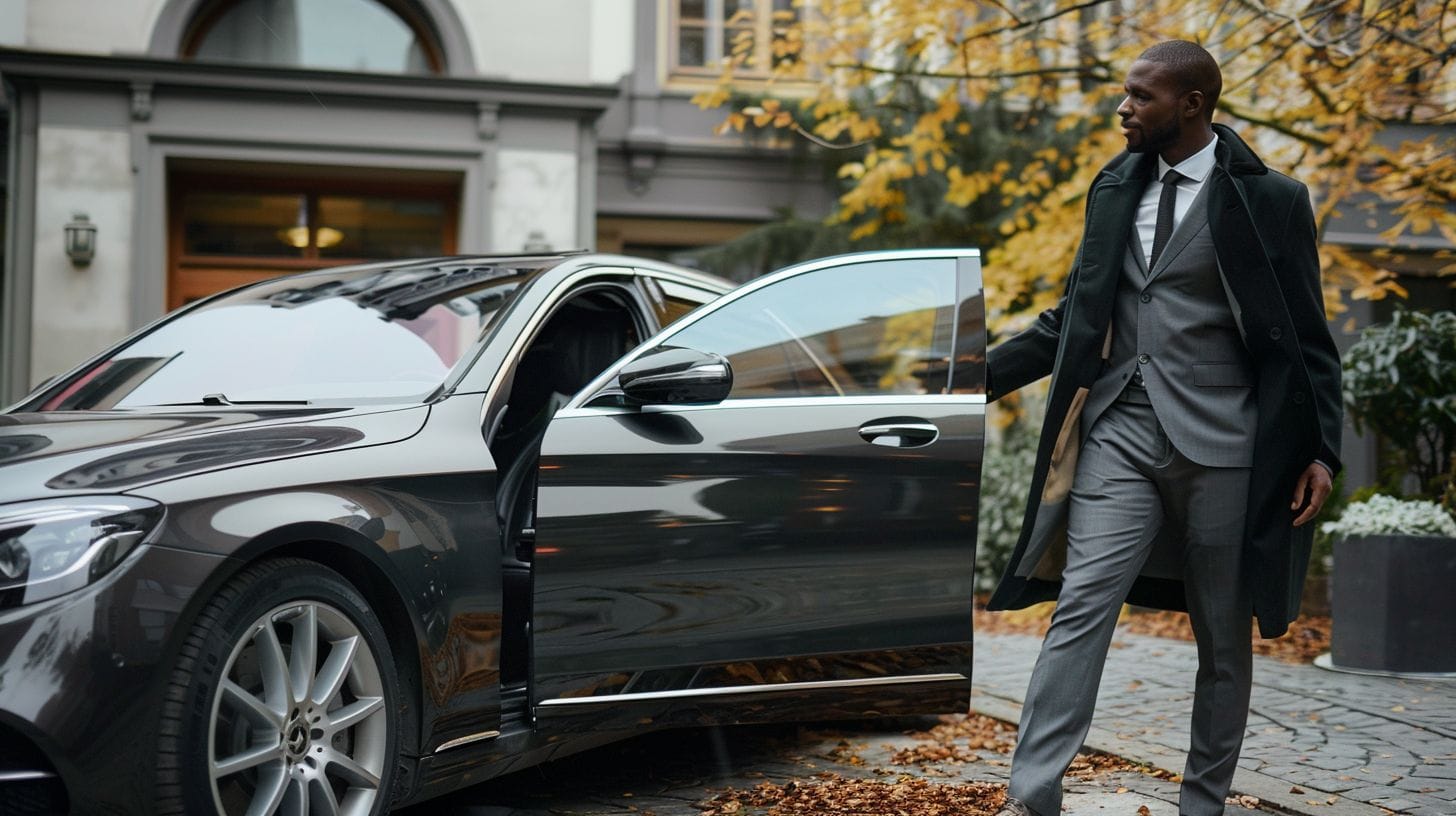 A chauffeur opening the door of a sleek Mercedes Business Edition car.