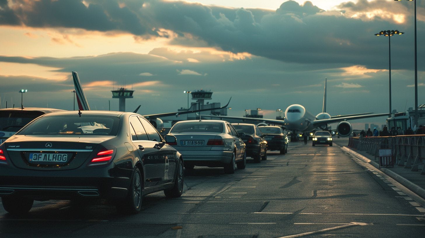 A row of luxury vehicles in front of CDG Airport.