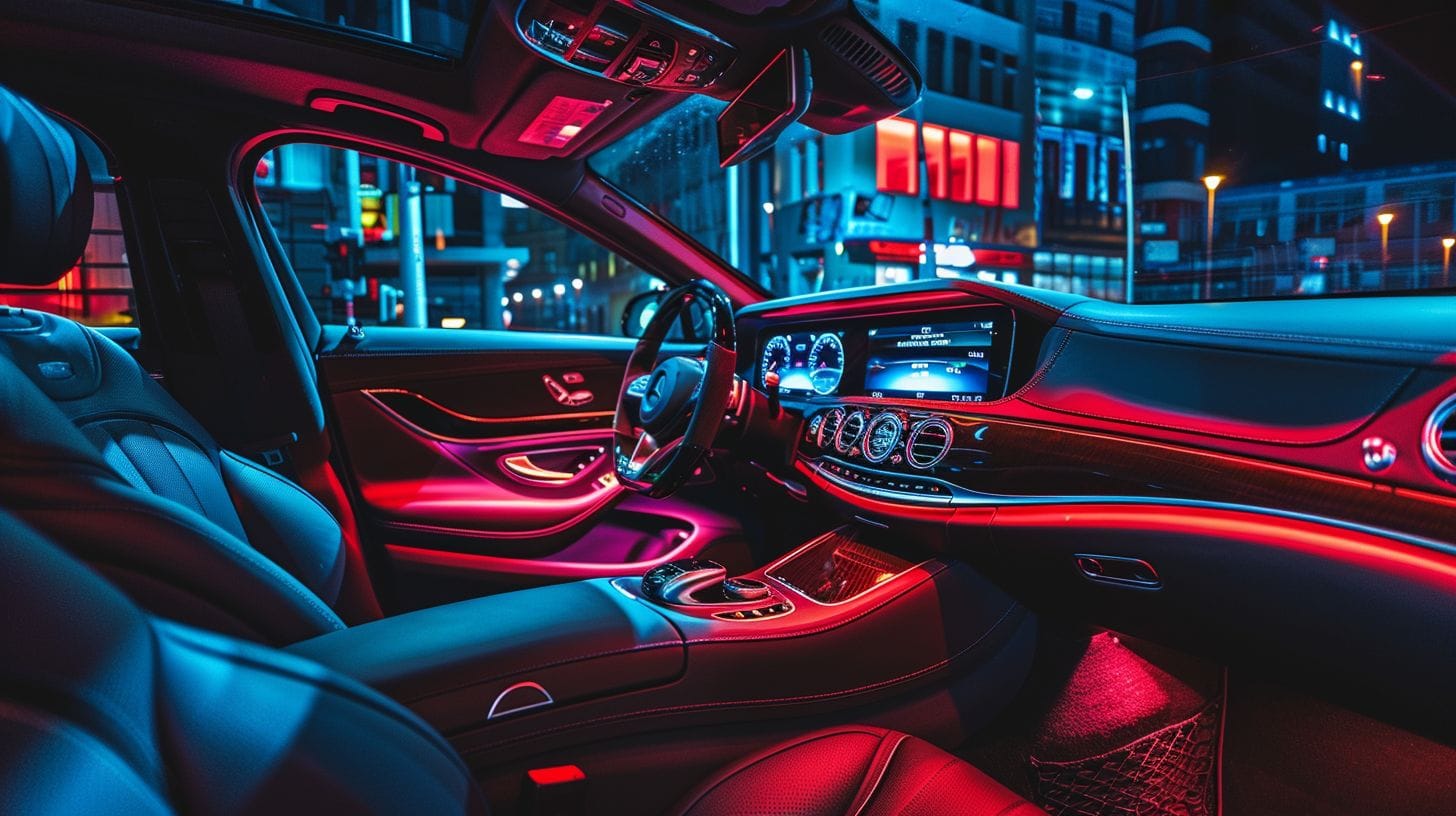 An empty luxury car interior with free Wi-Fi and drinks.