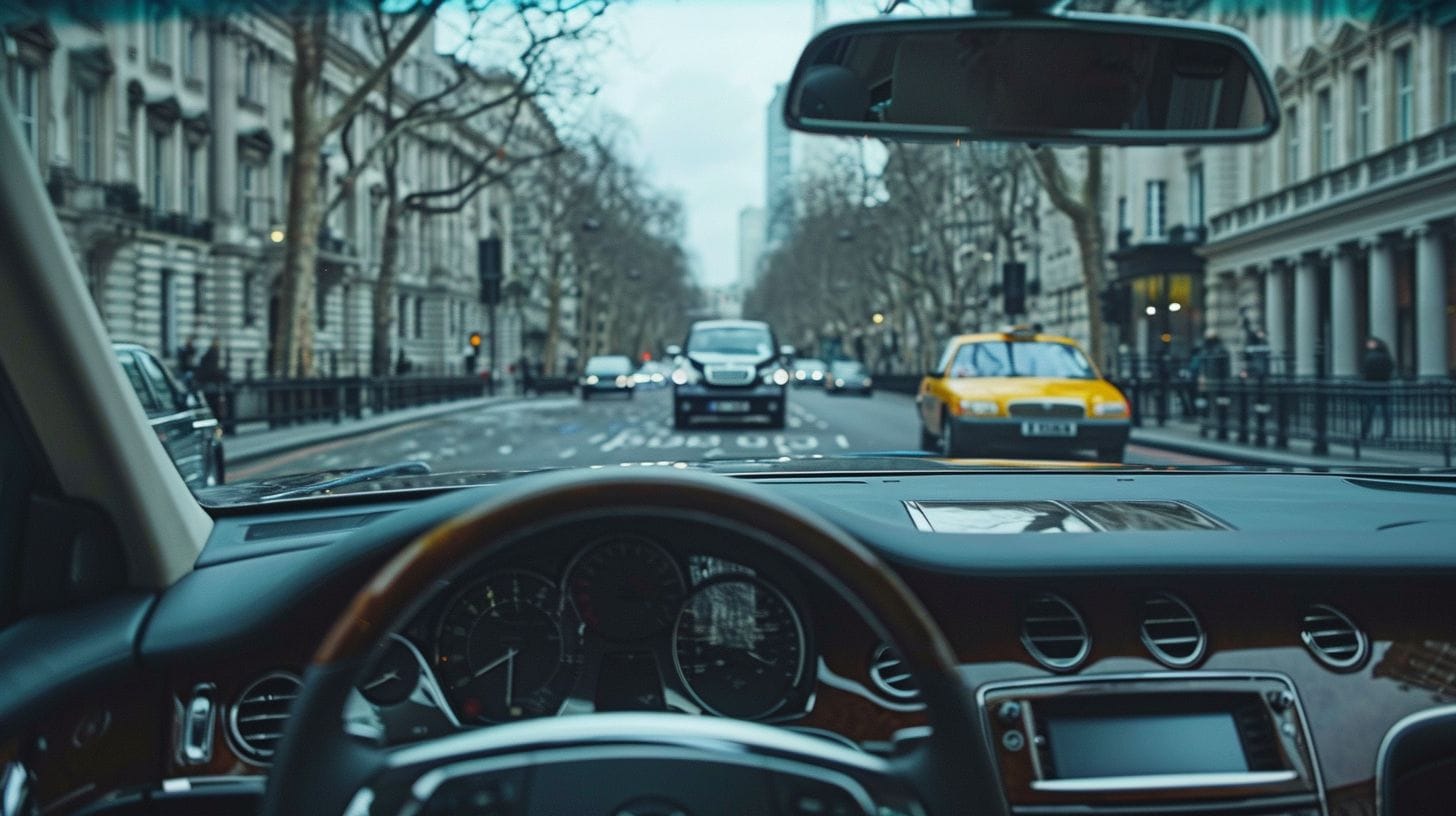 A Chauffeur Driving A Luxury Sedan From Paris To London, Capturing The Elegant Interior And Scenic Views. A chauffeur driving a luxury sedan from Paris to London, capturing the elegant interior and scenic views.