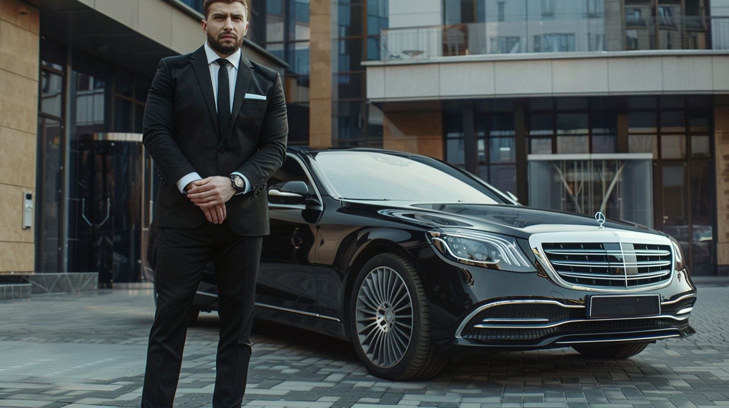 A Chauffeur Stands Confidently Next To A Black Mercedes In A Cinematic-Style Image. A chauffeur stands confidently next to a black Mercedes in a cinematic-style image.