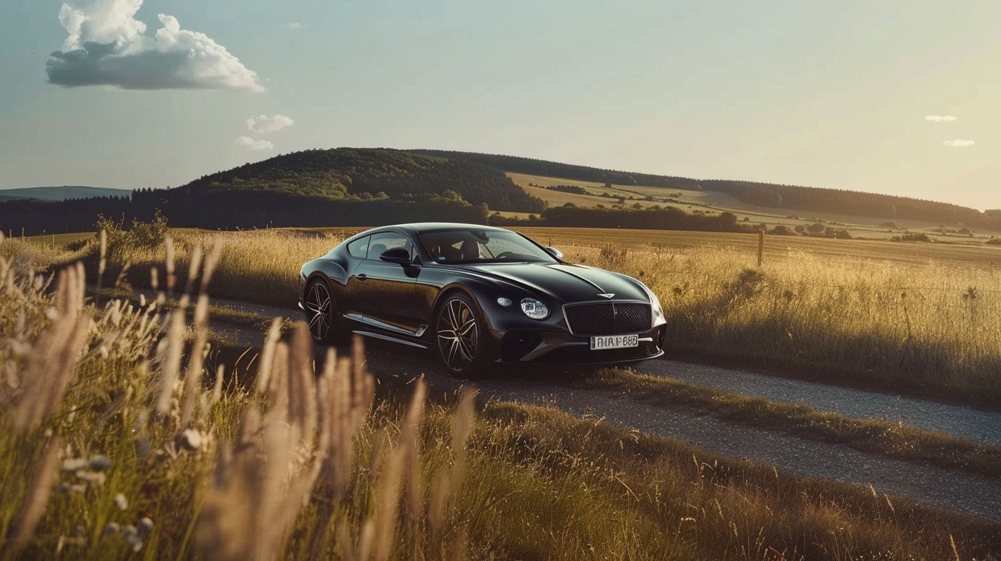 A Luxurious Black Car Driving Through Beautiful European Countryside Captured In A Cinematic Style. A luxurious black car driving through beautiful European countryside captured in a cinematic style.
