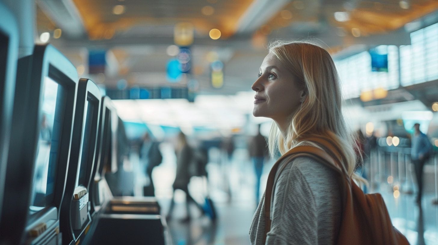 Effortless Airport Check-In With A Calm Passenger Amidst A Busy Airport Backdrop. Effortless airport check-in with a calm passenger amidst a busy airport backdrop.