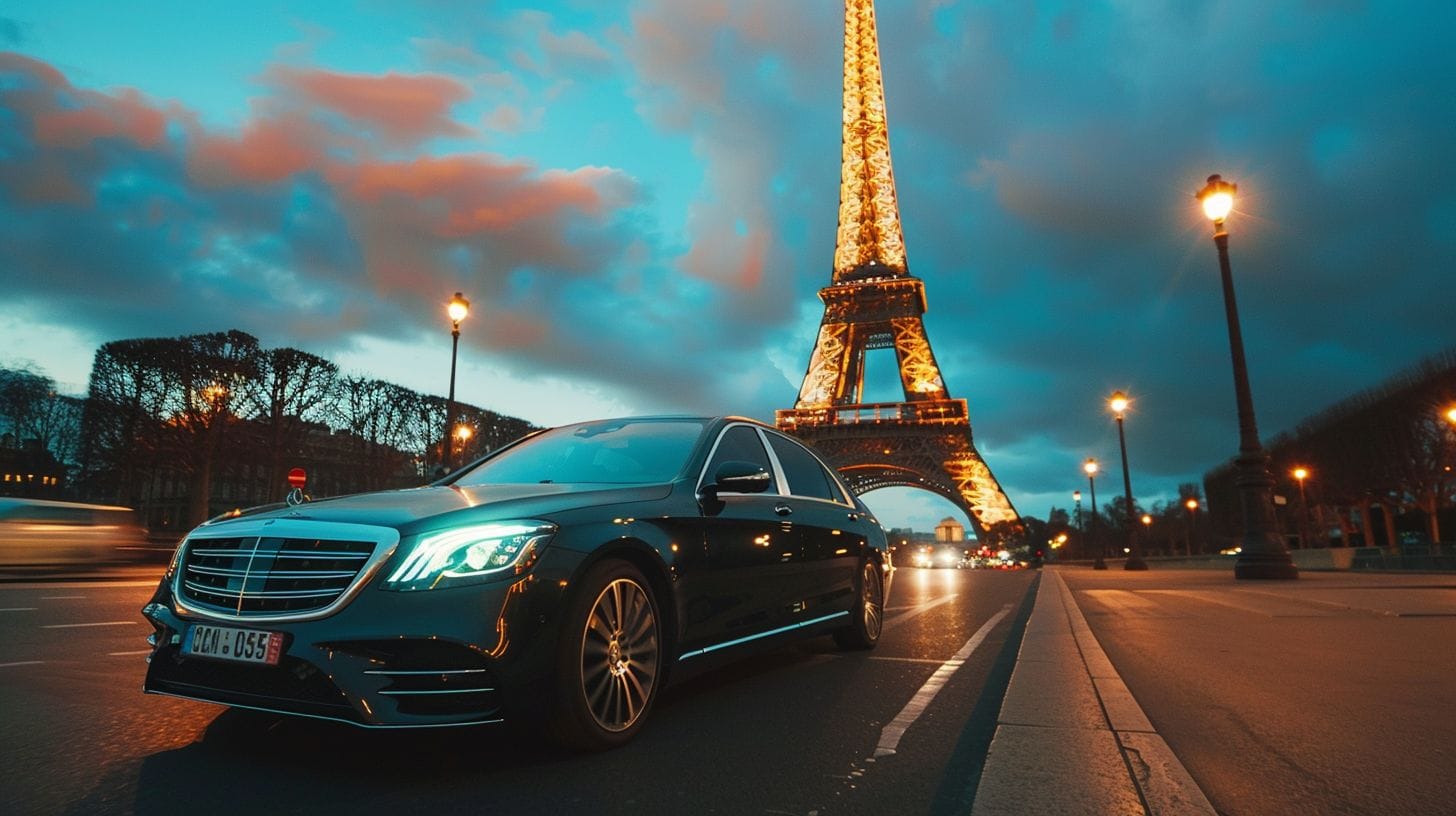 A Mercedes S-Class Car With A Driver Outside The Eiffel Tower, Captured In High-Quality Cinematic Style. A Mercedes S-Class car with a driver outside the Eiffel Tower, captured in high-quality cinematic style.