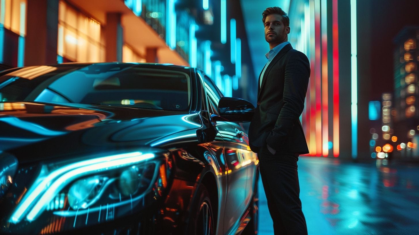 A Chauffeur Stands Confidently Next To A Black Mercedes In A Cinematic-Style Image. A chauffeur stands confidently next to a black Mercedes in a cinematic-style image.