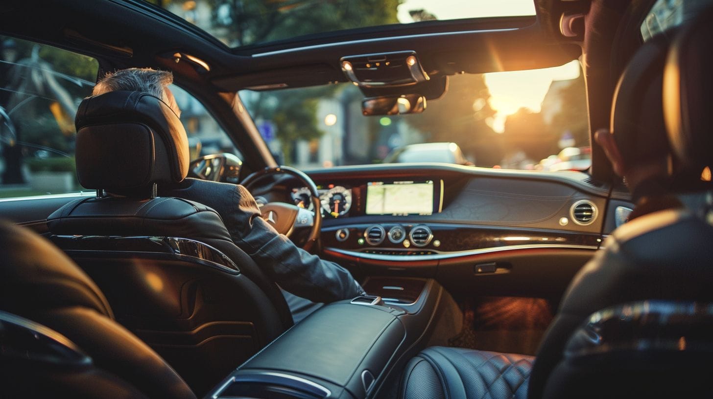 A Chauffeur And Passenger Are Enjoying A Luxurious And Comfortable Car Interior During A Hassle-Free Ride. A chauffeur and passenger are enjoying a luxurious and comfortable car interior during a hassle-free ride.