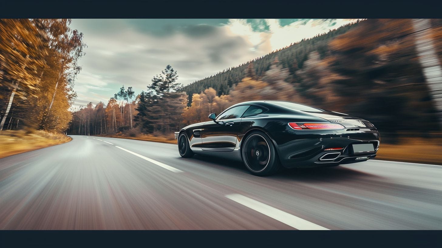 A Luxurious Black Car Driving Through Beautiful European Countryside Captured In A Cinematic Style. A luxurious black car driving through beautiful European countryside captured in a cinematic style.