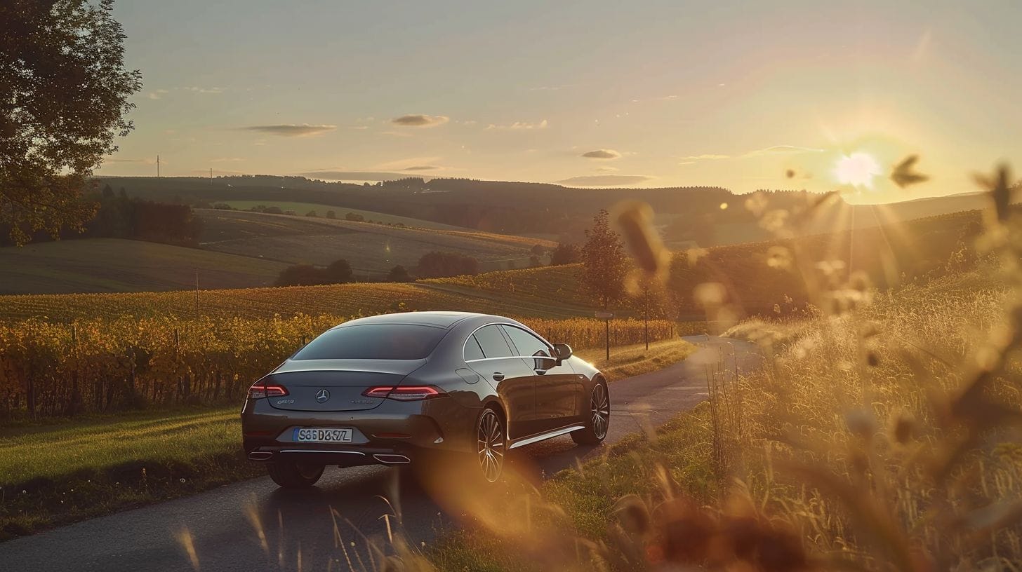 A luxurious Mercedes driving through Champagne countryside captured with high-quality camera.
