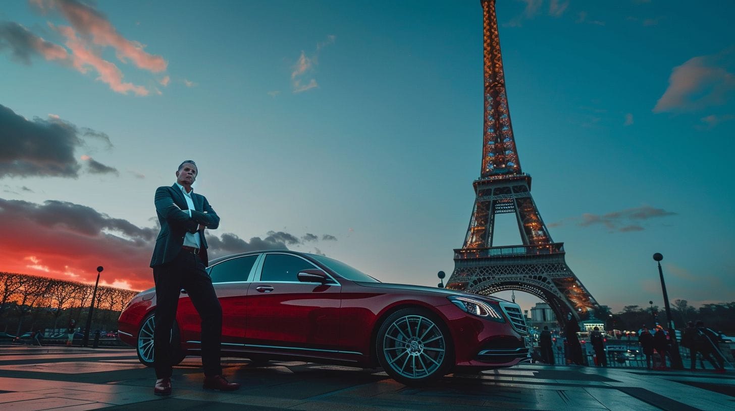 A professional driver stands with a Mercedes outside the Eiffel Tower.