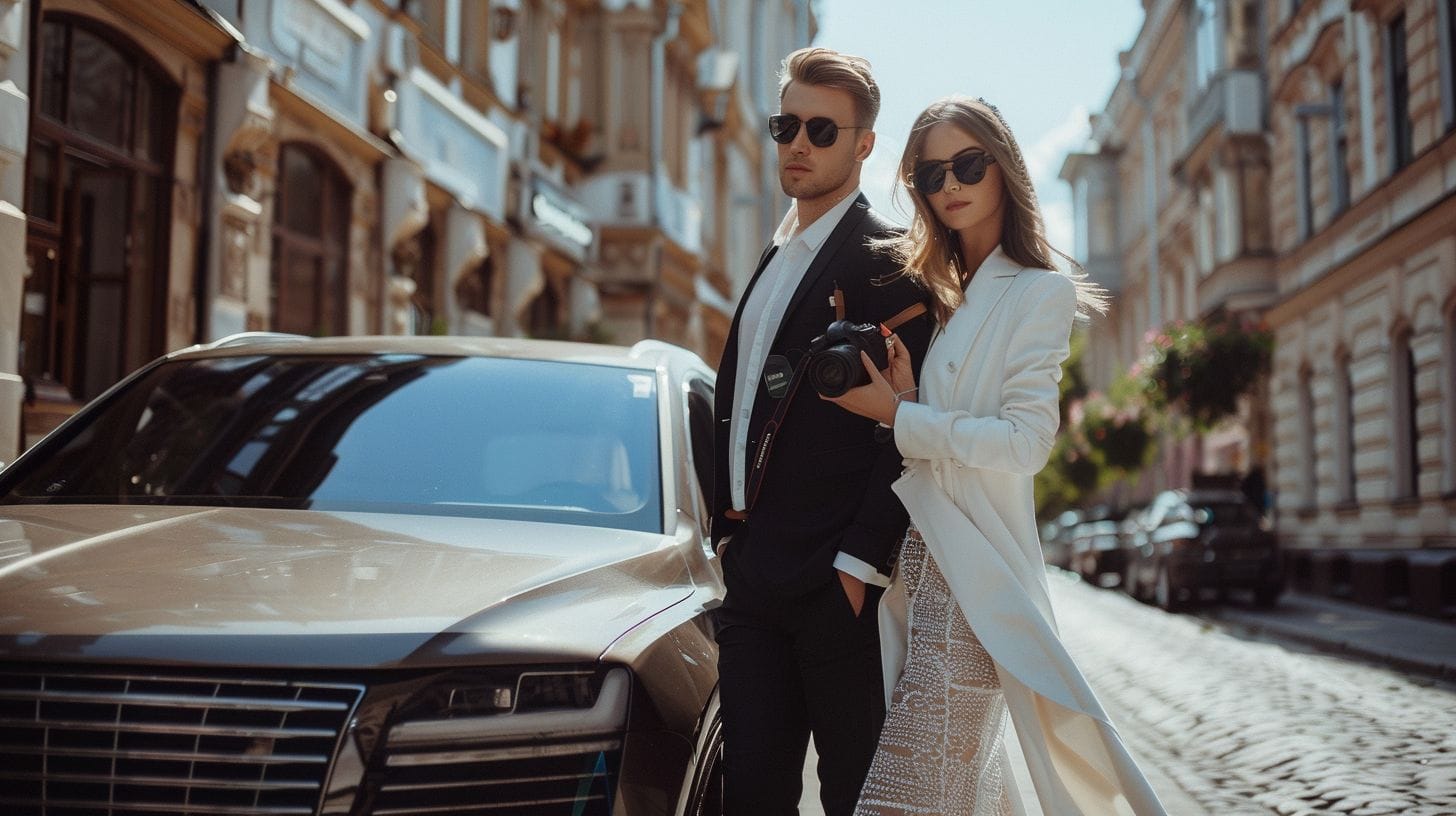 A Stylish Couple With A Dslr Camera Stepping Out Of A Luxury Car. A stylish couple with a DSLR camera stepping out of a luxury car.