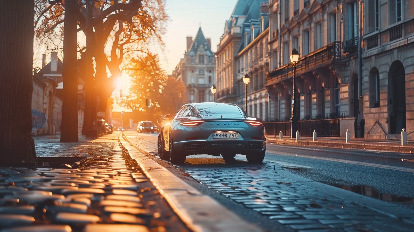 A Luxury Car Drives Through Scenic Routes In Reims. A luxury car drives through scenic routes in Reims.