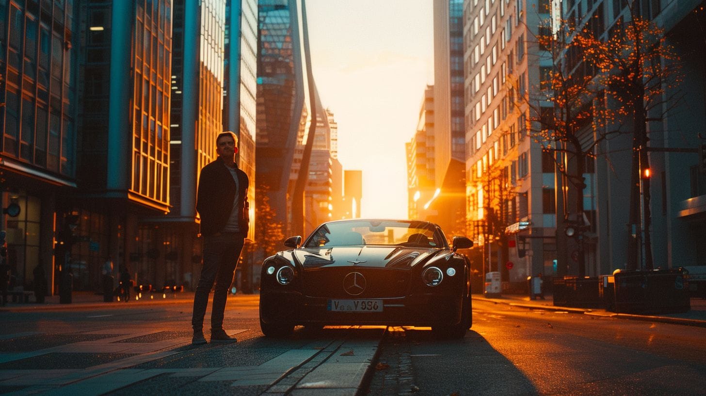 A Professional Driver Standing Beside A Luxury Car In The City. A professional driver standing beside a luxury car in the city.