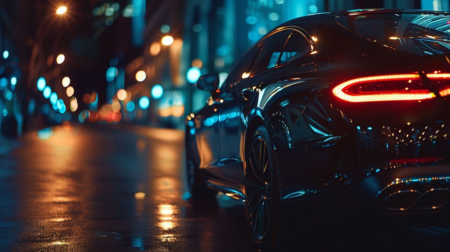 A skilled driver navigating a luxury car through a city at night.
