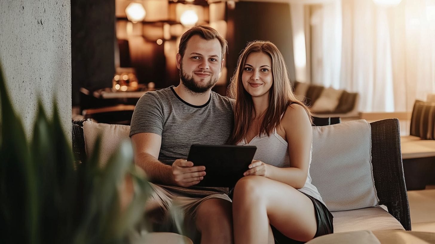 A couple in their 30s booking a beachfront resort using Bitcoin.